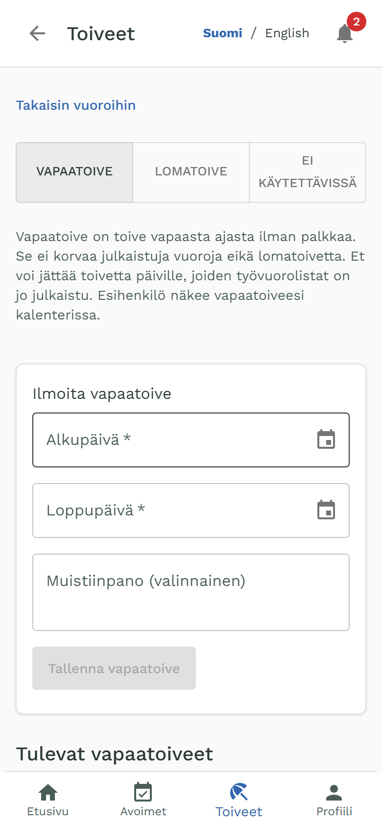 Oma-portaalin Toiveet: vapaatoive valittuna