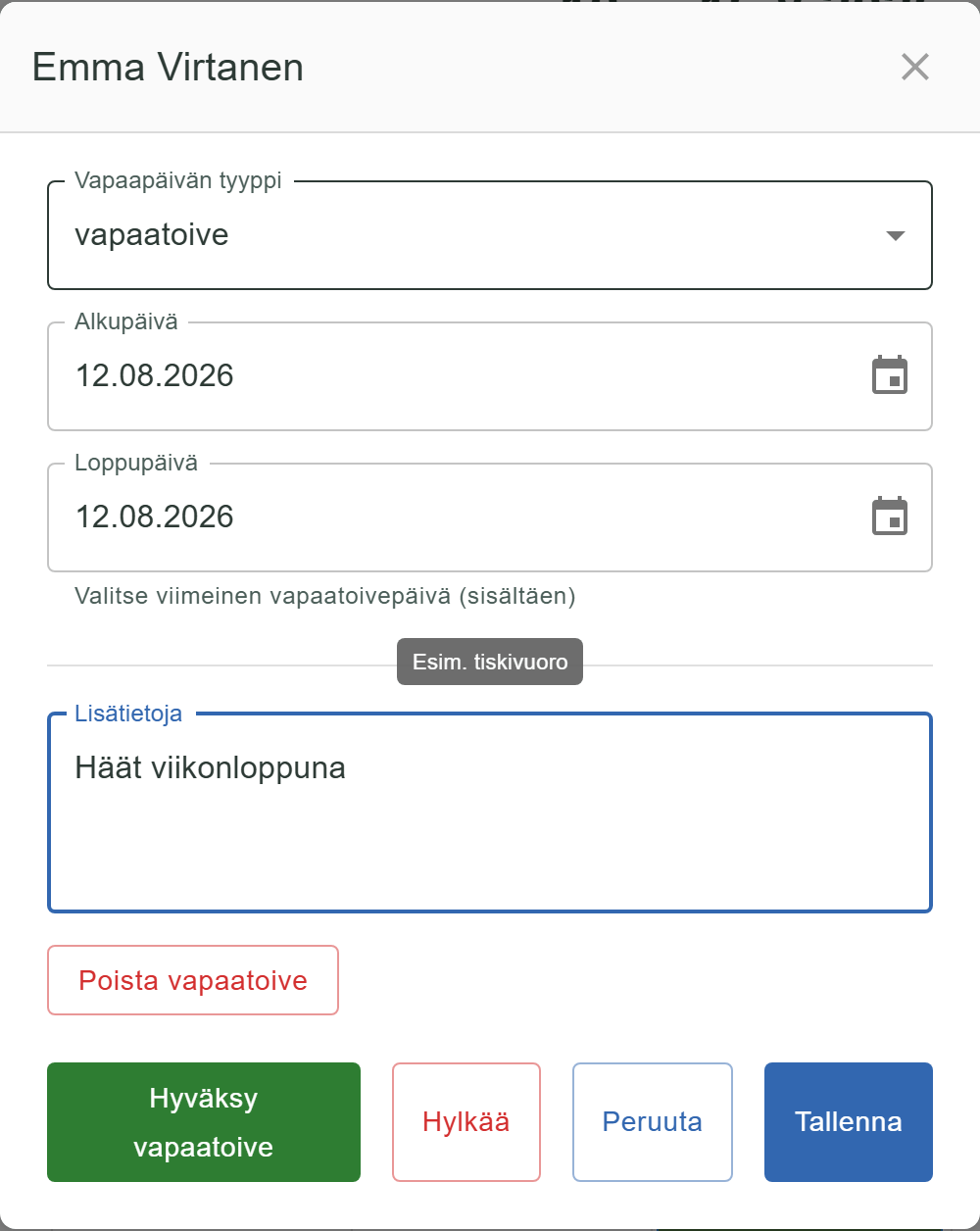 Vapaatoiveen tiedot kalenterissa: Hyväksy vapaatoive ja Hylkää -painikkeet