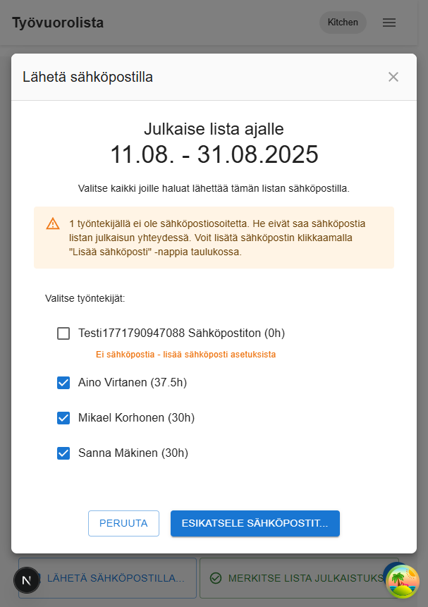 Julkaisunäkymä varoittaa puuttuvasta sähköpostista