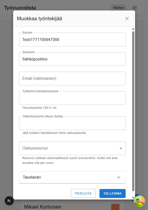 Työntekijän lisääminen ilman sähköpostiosoitetta