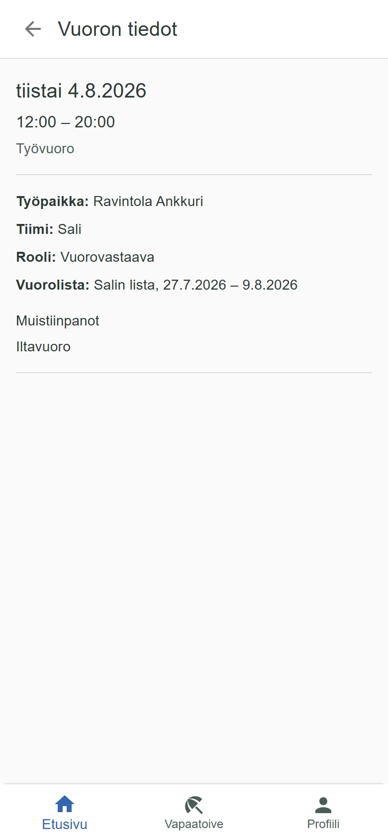 Oma-portaalin vuoron tiedot, jossa Rooli-rivi kertoo vuoron vaatiman osaamisen