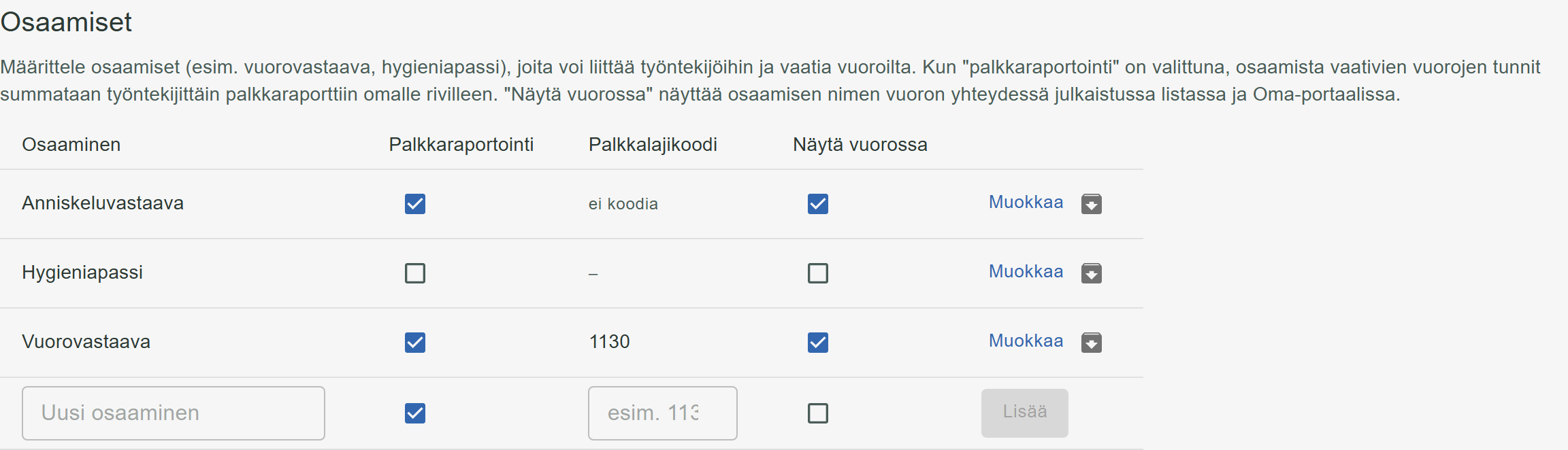 Osaamiset-asetukset Työntekijät-sivulla: osaamisten lista ja niiden asetukset.
