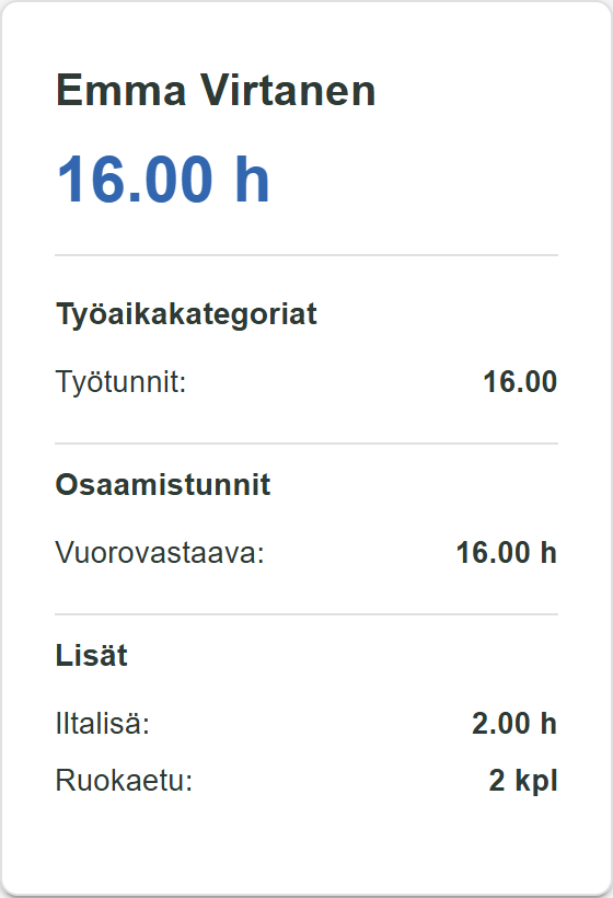 Työntekijän tuntikortti, jossa Osaamistunnit-osio näyttää vuorovastaavatunnit