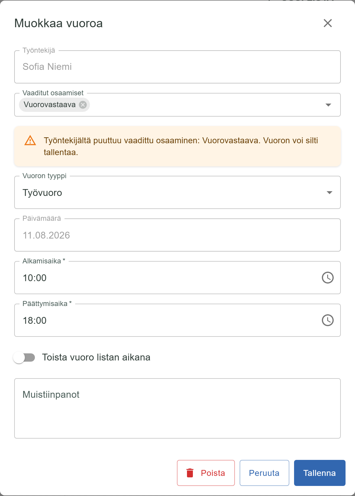 Vuoron tiedot, jossa varoitus: työntekijältä puuttuu vaadittu osaaminen, mutta tallennus on sallittu