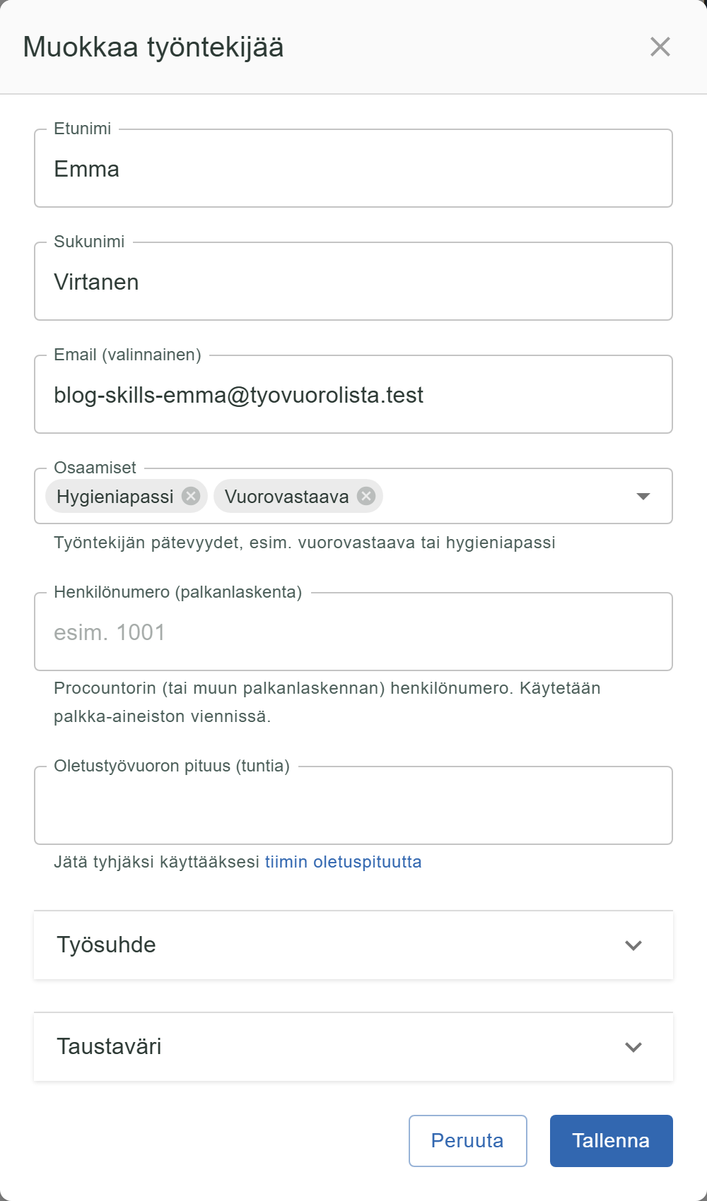 Työntekijän muokkausnäkymä, jossa Osaamiset-monivalinta