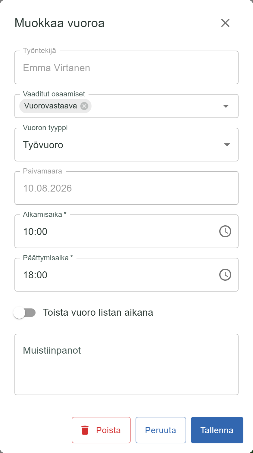 Vuoron tiedot, jossa Vaaditut osaamiset -kenttään on valittu Vuorovastaava