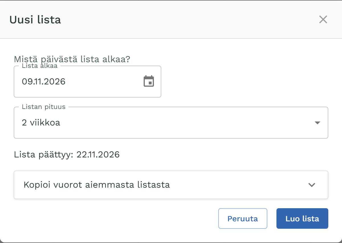 Uusi lista -ikkuna: Lista alkaa 9.11.2026, Listan pituus 2 viikkoa, Lista päättyy 22.11.2026.