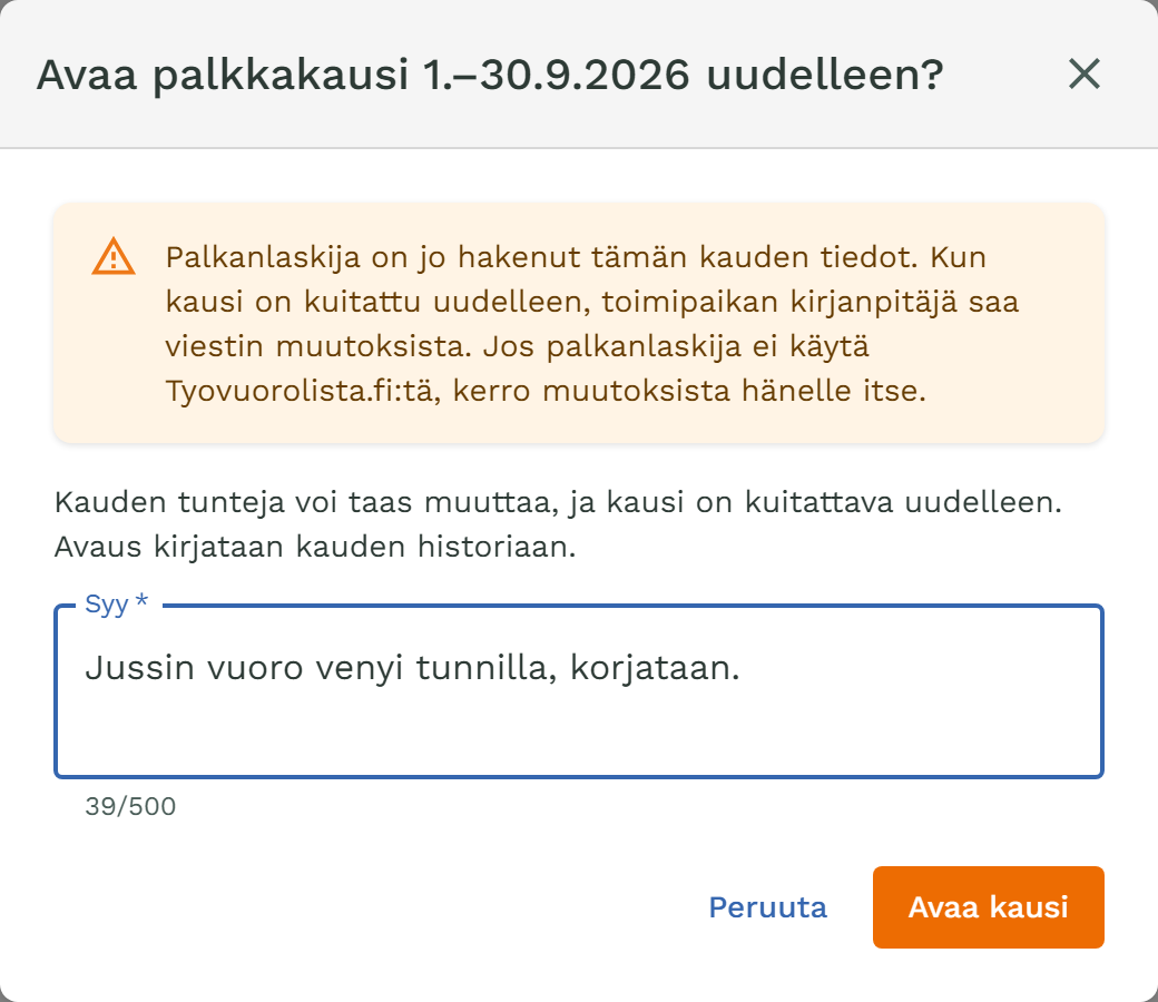 Avaa palkkakausi uudelleen: varoitus jo lasketusta kaudesta ja pakollinen syy
