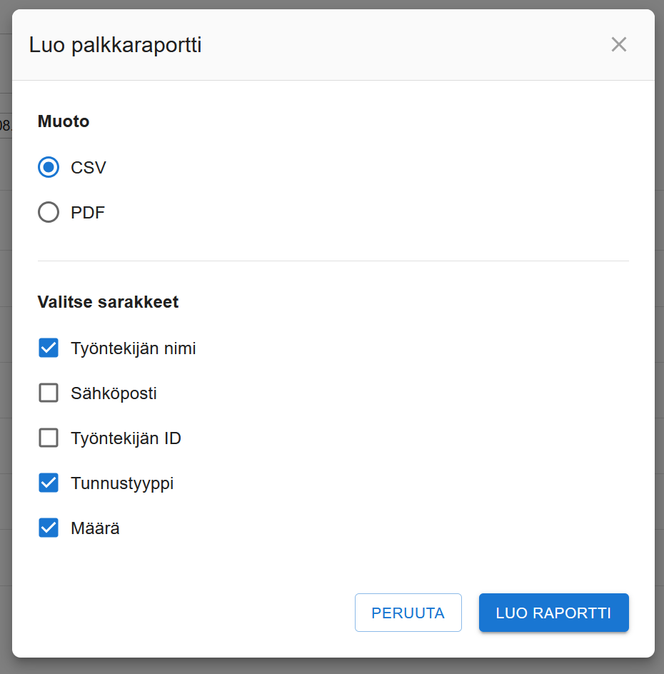 Palkkaraportti-modali CSV- ja PDF-vaihtoehdoilla sekä sarakevalinnoilla