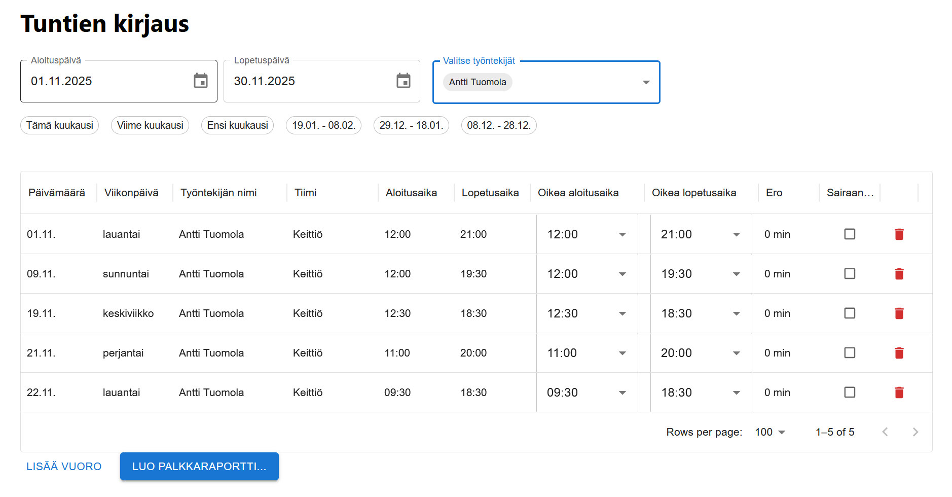 Tuntikirjaus-sivu työntekijöiden ja päivämäärävälin valinnalla