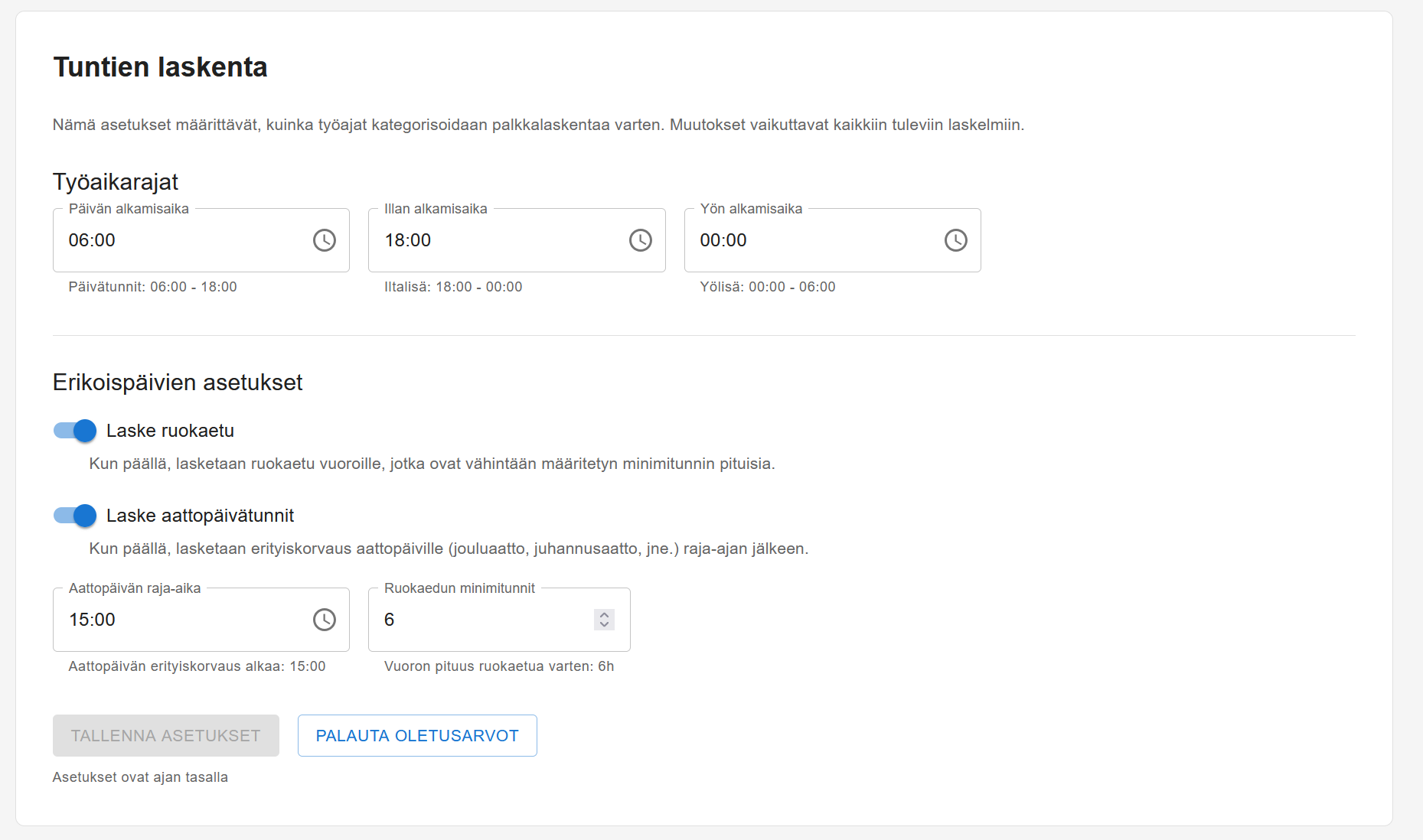 Tuntilaskennan asetukset profiilisivulla