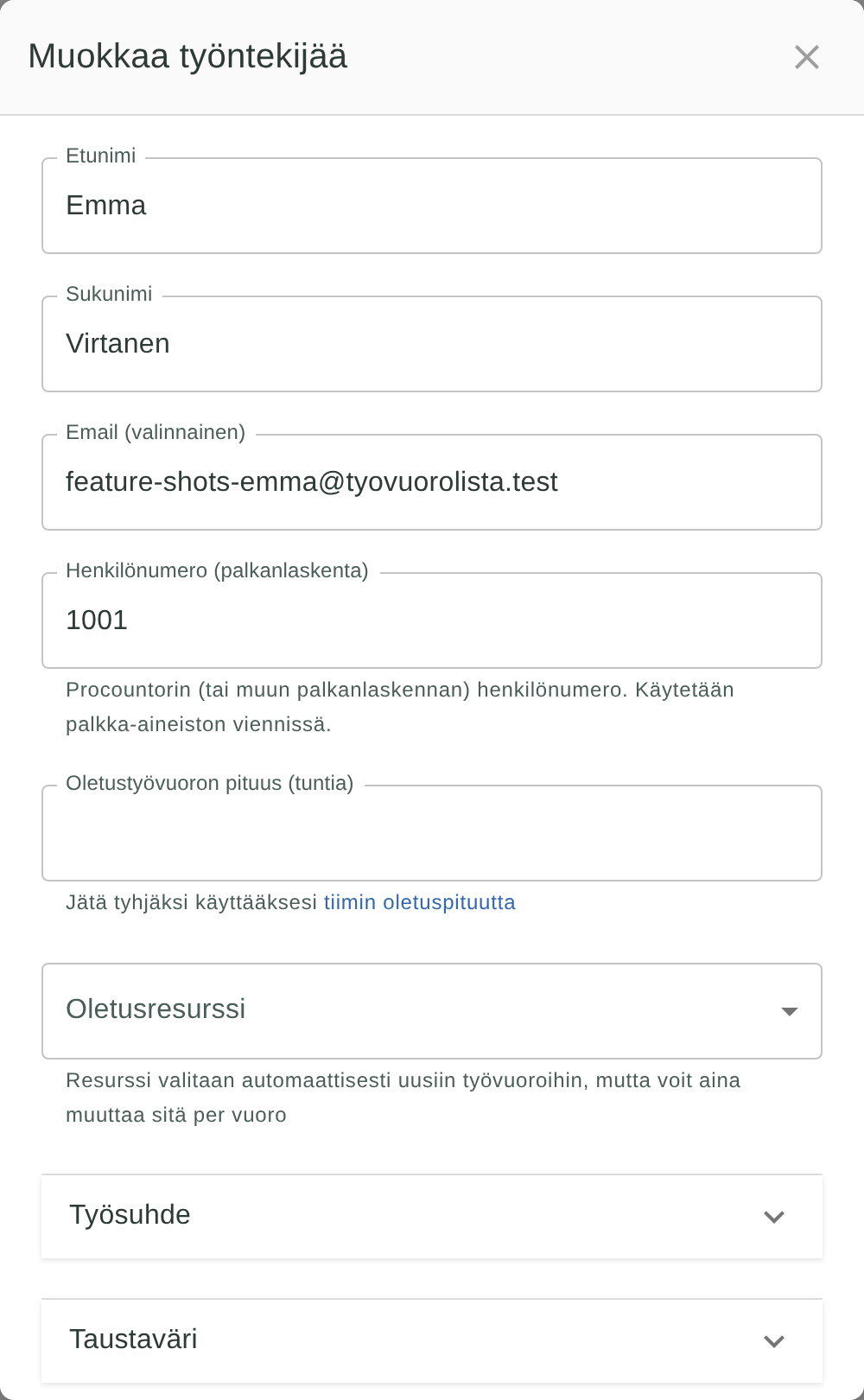 Työntekijäkortti muokkaustilassa, henkilönumero-kenttä täytettynä