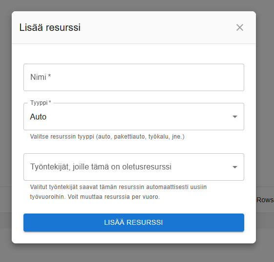 Uuden resurssin lisääminen.