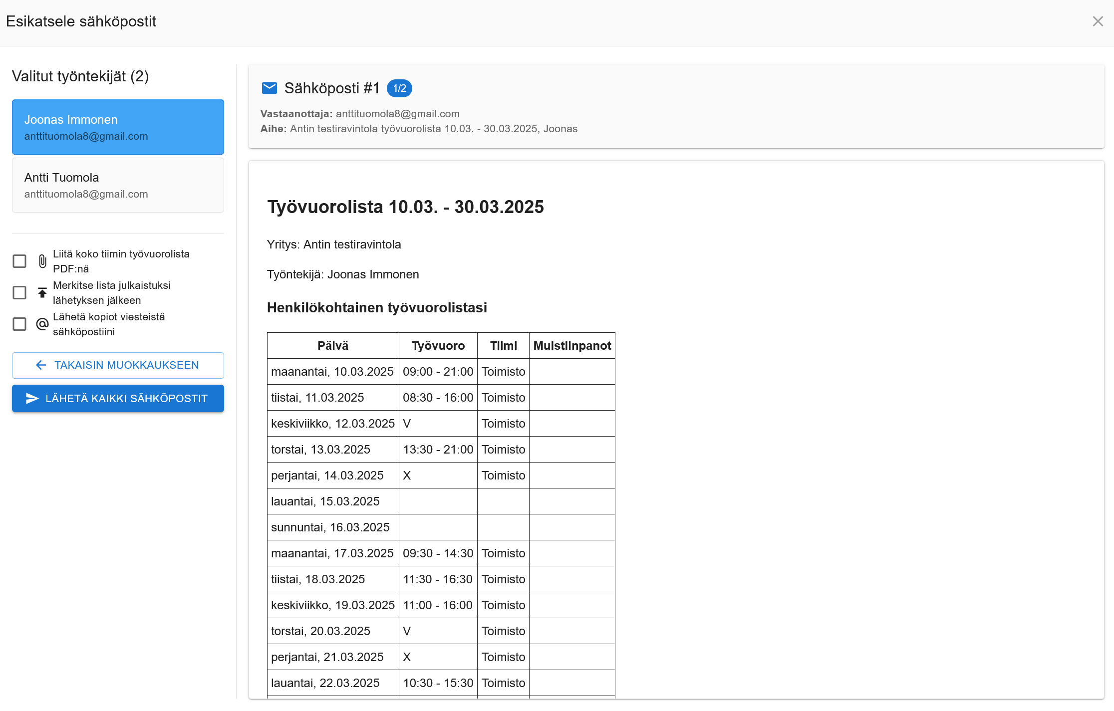 Sähköpostin esikatselutoiminto työvuorolista.fi:ssä