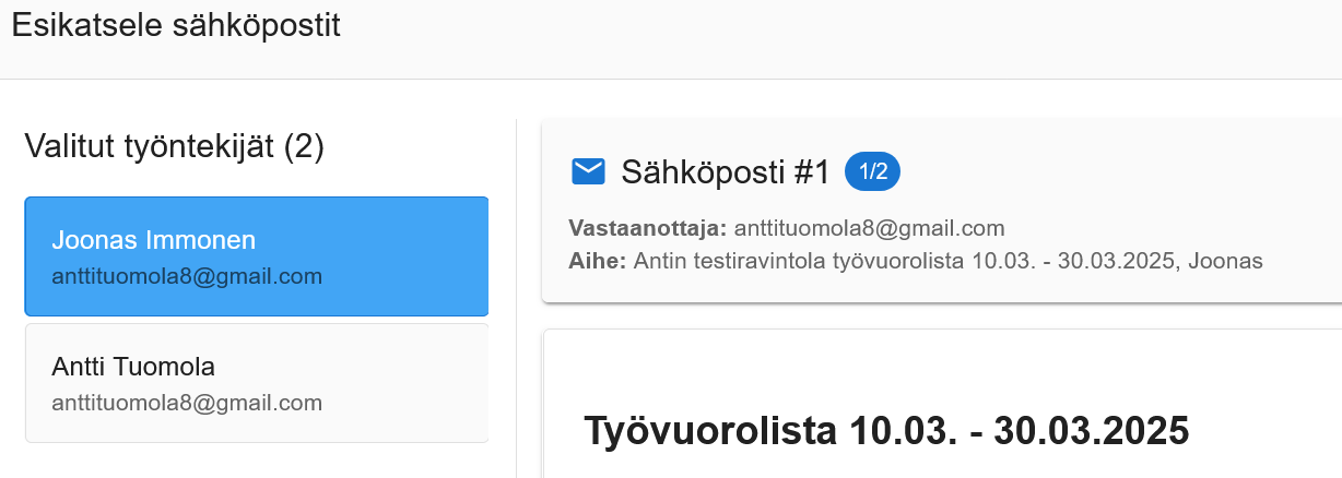 Navigointi työntekijöiden välillä esikatselussa