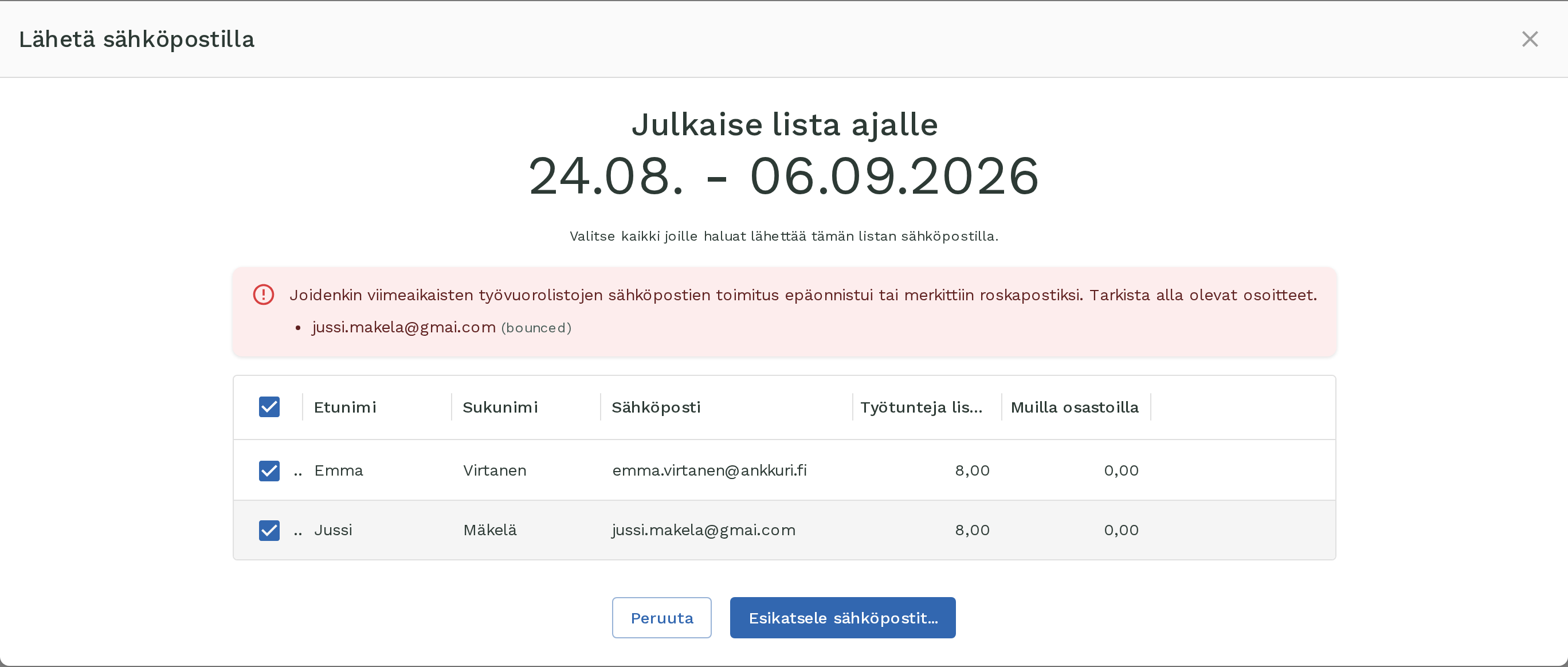 Lähetä sähköpostilla -modaali, jossa punainen varoitus palautuneesta sähköpostiosoitteesta