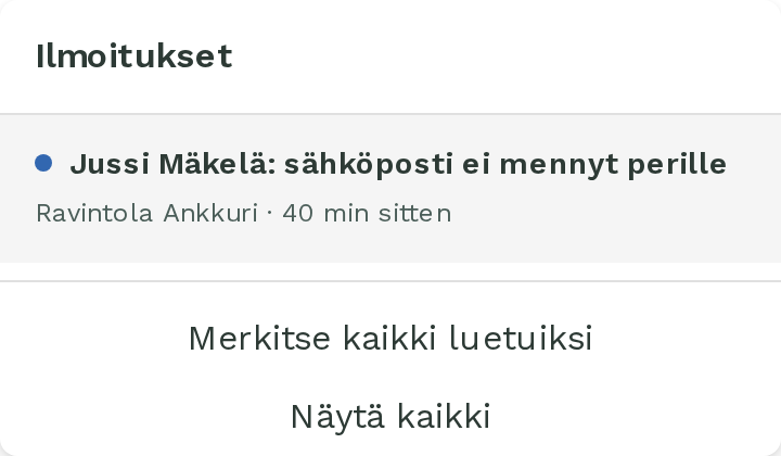 Ilmoituskellon pudotusvalikko: työntekijän sähköposti ei mennyt perille.