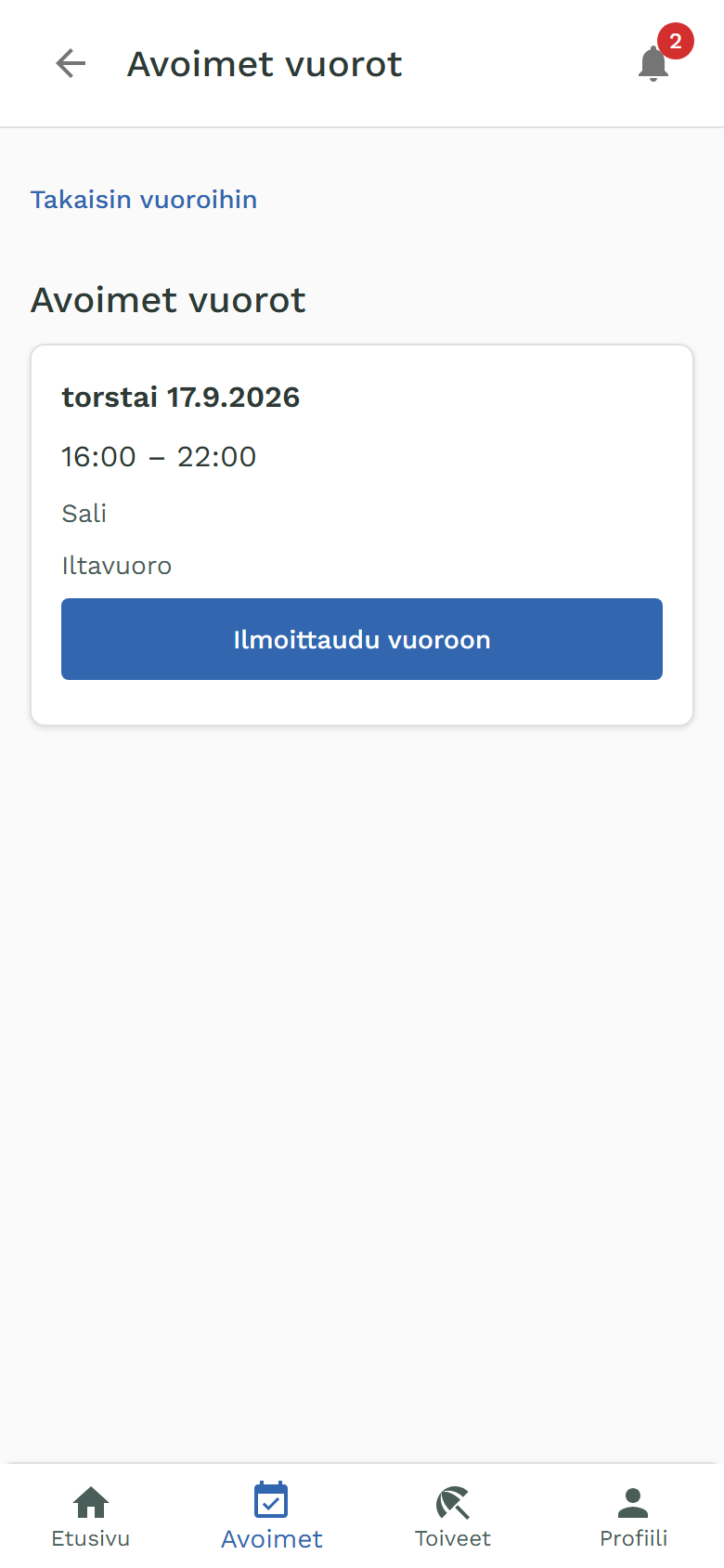 Oma-portaalin Avoimet vuorot: tarjolla oleva vuoro ja Ilmoittaudu vuoroon