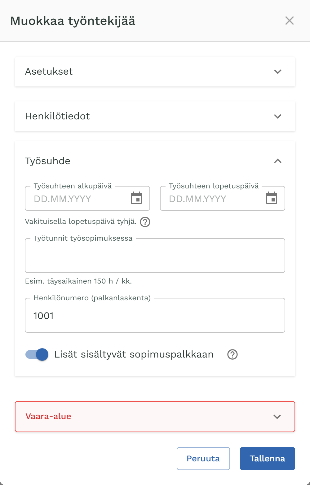 Työntekijän muokkaus, Työsuhde-osio, kytkin Lisät sisältyvät sopimuspalkkaan päällä.