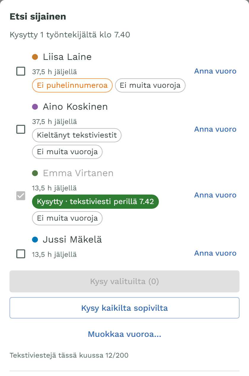 Emma on kysytty ja tekstiviesti on perillä klo 7.42. Liisalta puuttuu yhä numero, Aino on kieltänyt tekstiviestit.