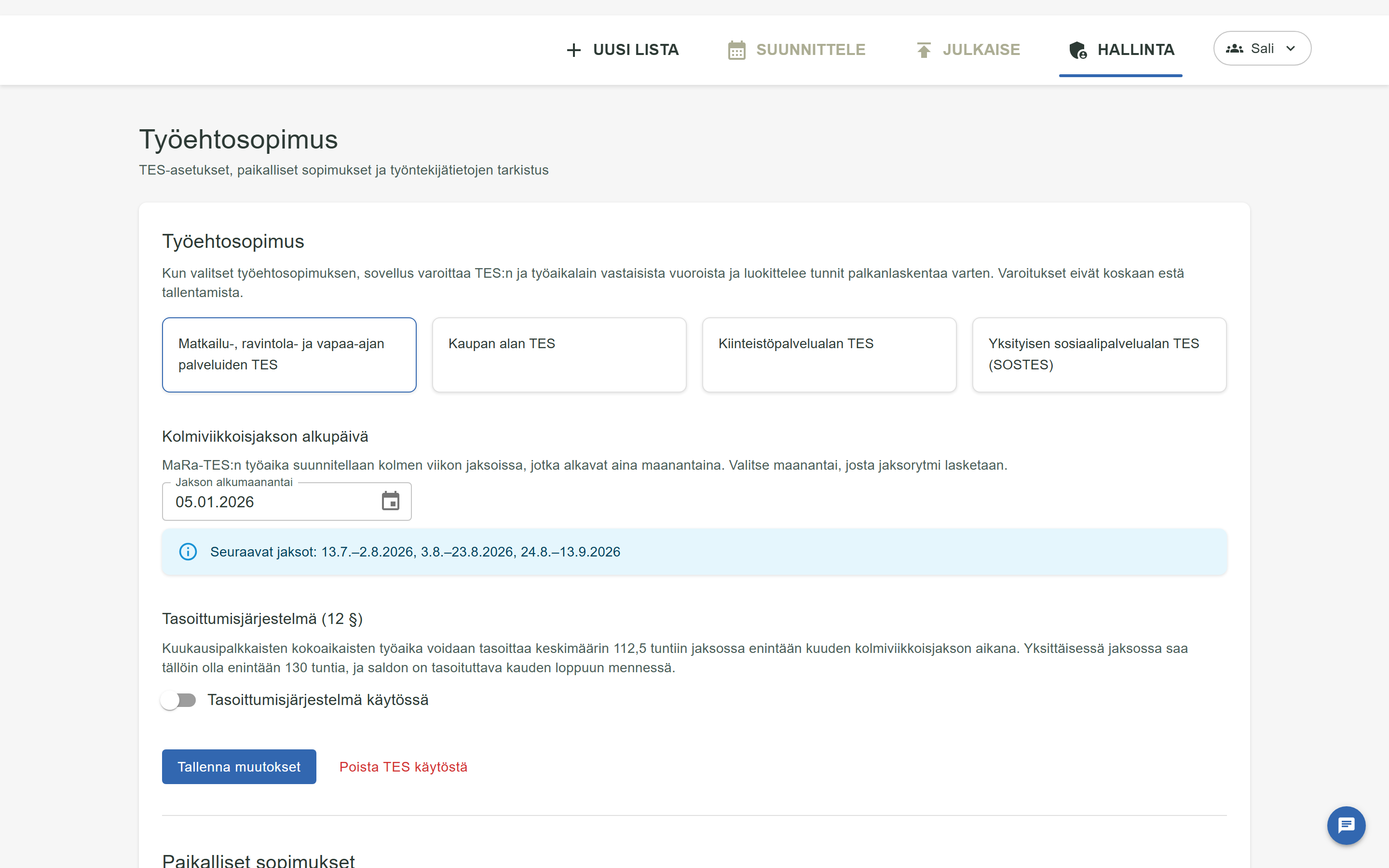 Työehtosopimusasetukset: TES-valinta ja kolmiviikkoisjakson alkupäivä.