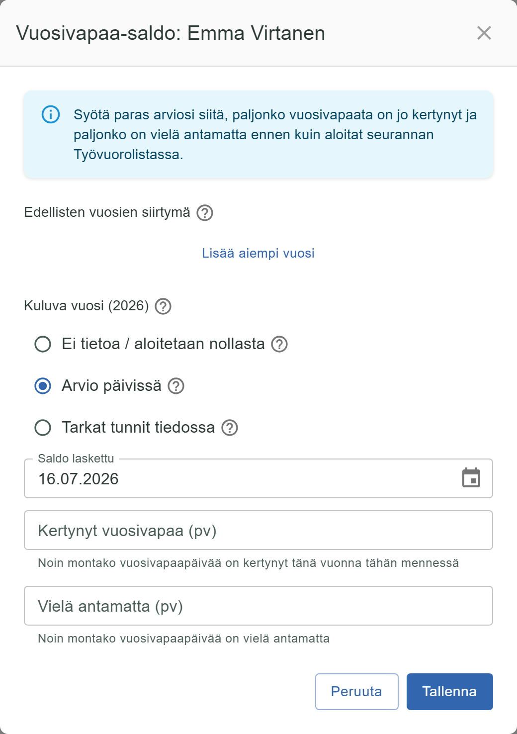 Ohjattu vuosivapaan alkusaldon syöttö: arvio päivissä kuluvalle vuodelle.