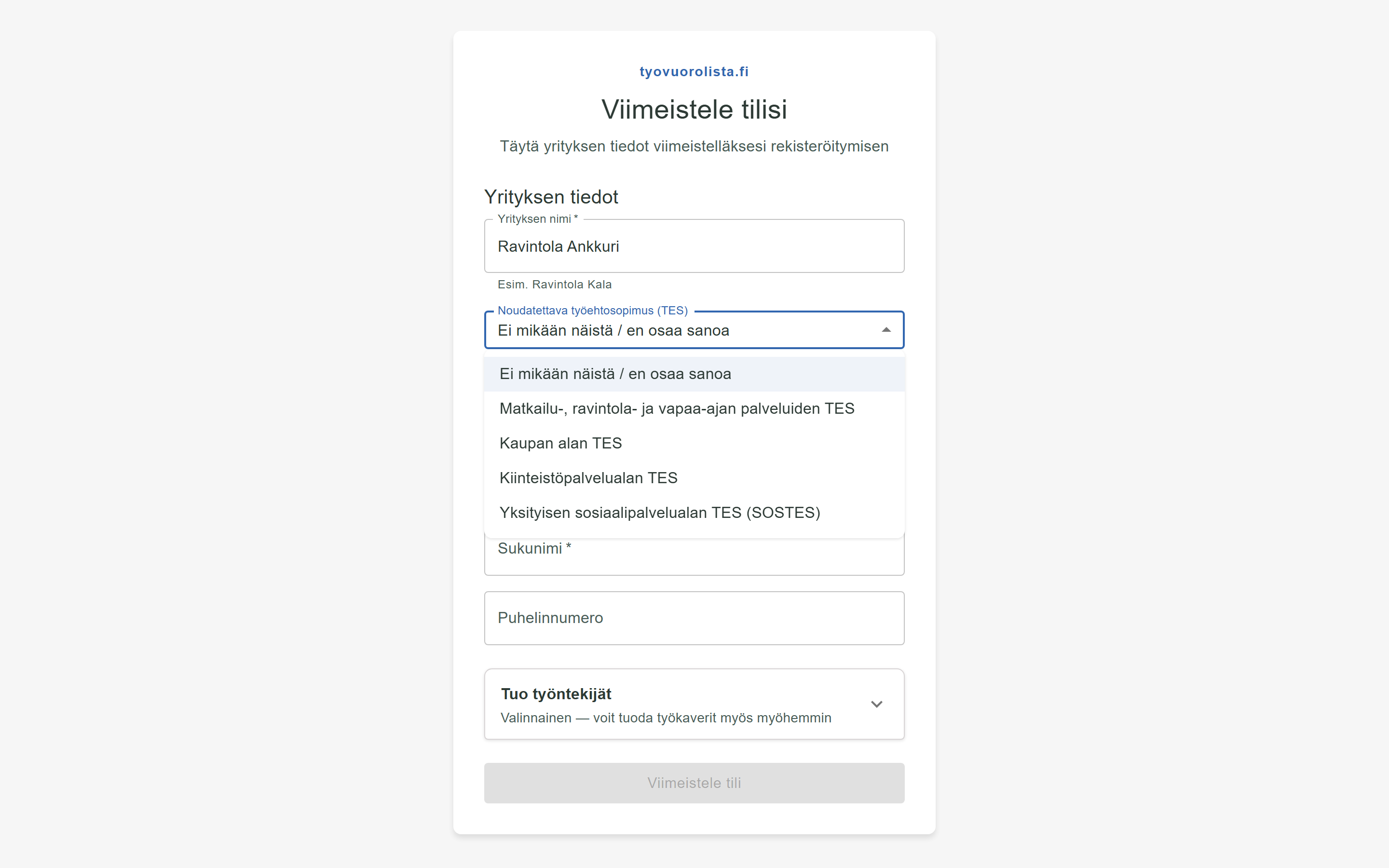 Rekisteröitymislomake, jossa työehtosopimuksen valintavalikko on auki: MaRa, Kaupan ala, Kiinteistöpalveluala, SOSTES ja vaihtoehto "Ei mikään näistä / en osaa sanoa".