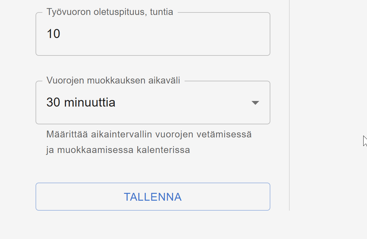 Vuorojen oletuspituuden ja aikaportaiden asetukset tyovuorolista.fi:ssä