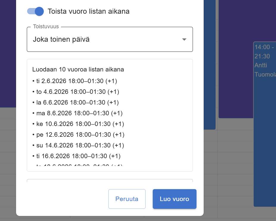 Toistuvien vuorojen esikatselulista päivämäärineen ja aikoina