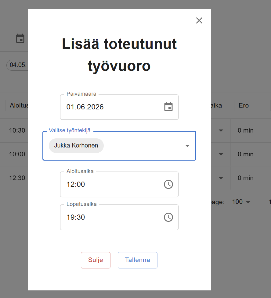Lisää vuoro -modaali