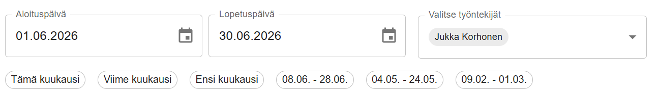Päivämäärävalinnat, pikavalinnat ja työntekijävalitsin