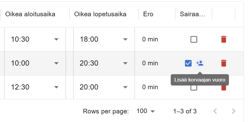 Sairausloman merkintä ja korvaajan vuoron lisäyspainike