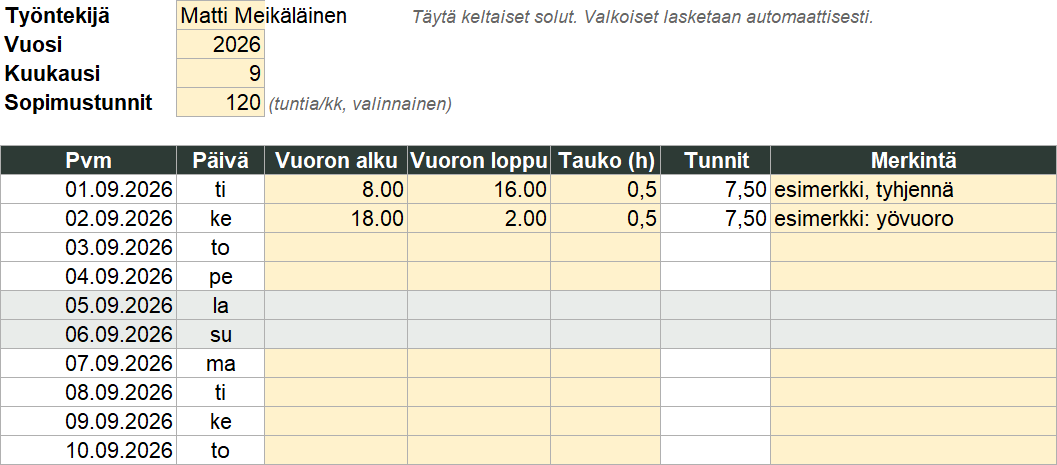 Excel-tuntilistapohja, jossa päivämäärät, vuorojen ajat, tauot ja lasketut tunnit syyskuulta 2026.