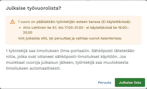 Julkaise työvuorolista -ikkuna, jossa huomautus: 1 vuoro osuu työntekijän esteeseen, ja rivi Aino Lehtinen ti klo 15.00–20.00 · ei käytettävissä ti 14.00–19.00.