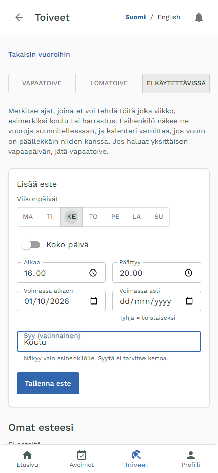 Oma-portaalin Ei käytettävissä -välilehti: viikonpäivä ti valittuna, aika 14.00–19.00, syy Treenit.