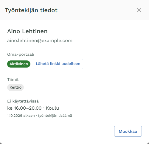 Työntekijän tiedot: nimi, sähköposti, Oma-portaali, tiimit ja kohta Ei käytettävissä, jossa lukee ti 14.00–19.00 · Treenit.