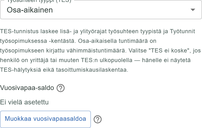 Työntekijän muokkausnäkymän TES-kentät: työsuhteen tyyppi ja ohjeteksti lisä- ja ylityörajoista.