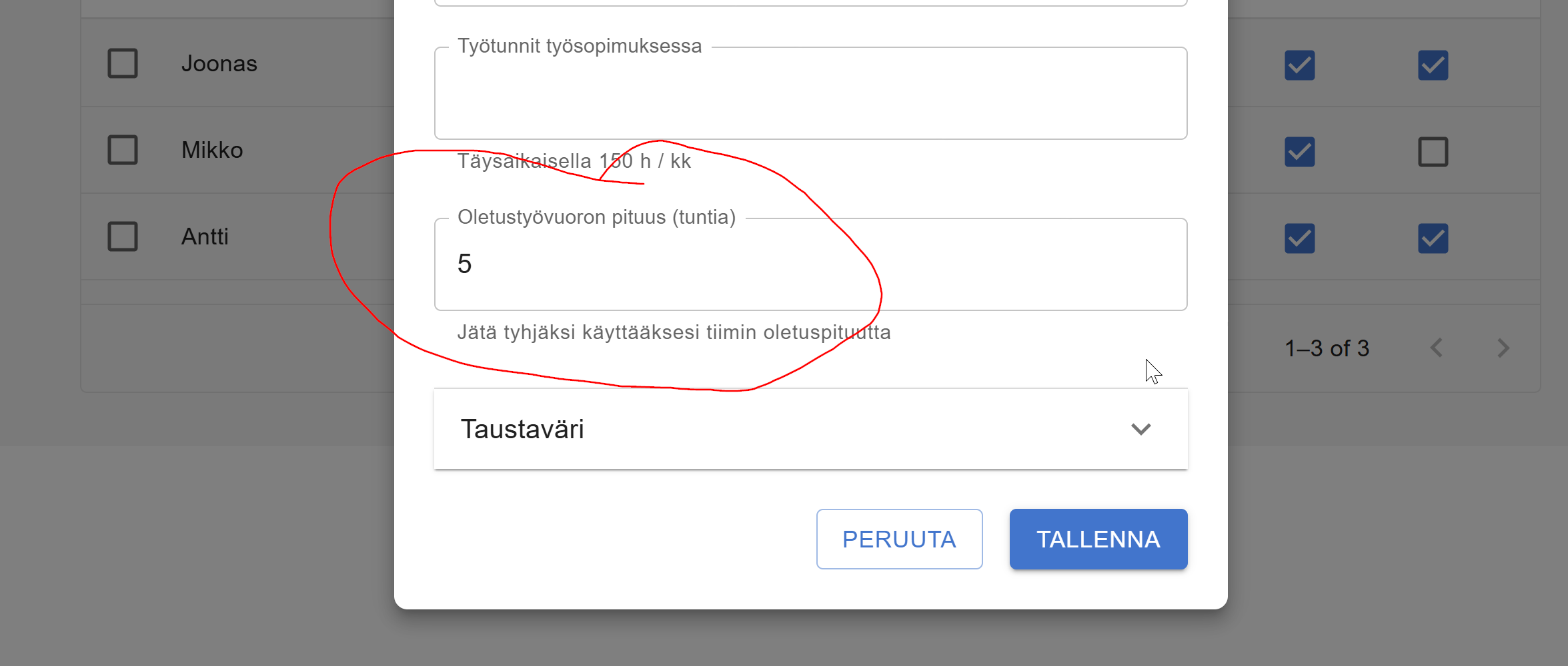 Työntekijän oletustyövuoropituuden asetus työntekijän tiedoissa