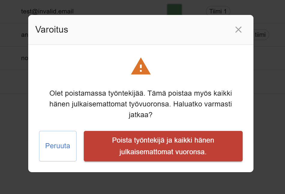 Työntekijän poiston vahvistusmodaali