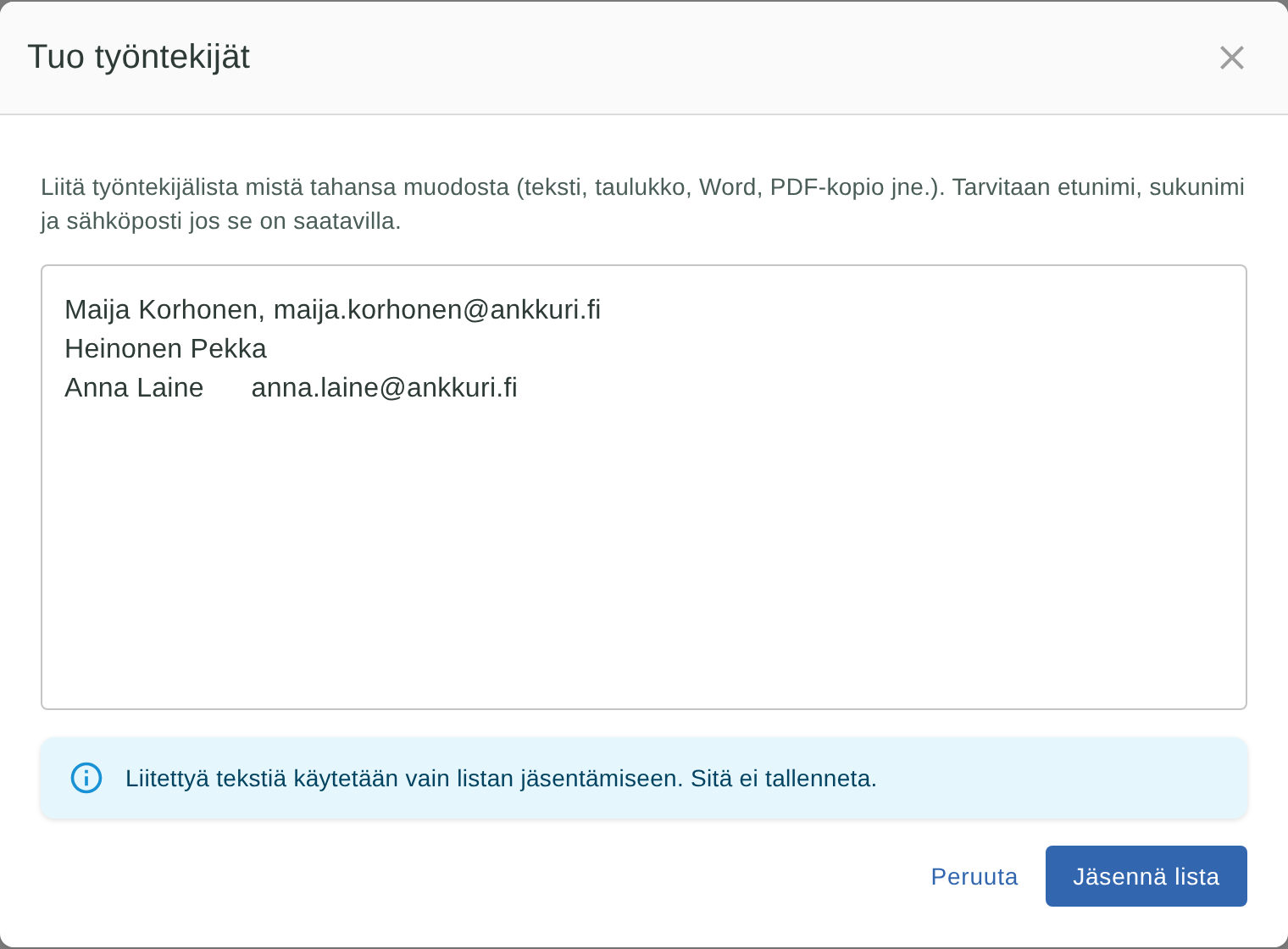 Tuo työntekijät: liitä sekainen lista tekstikenttään
