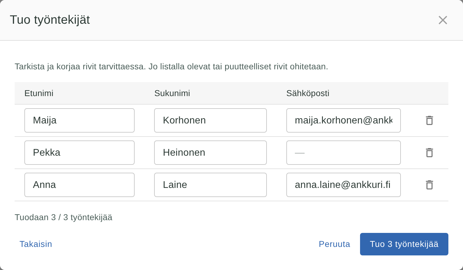 Tuonnin tarkistustaulukko: etunimi, sukunimi ja sähköposti