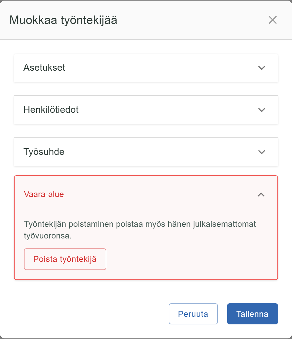 Muokkaa työntekijää: Vaara-alue avattuna, Poista työntekijä -painike