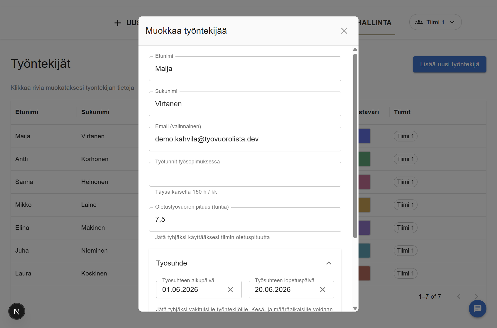 Työntekijän työsuhteen päivämäärät muokkauslomakkeella