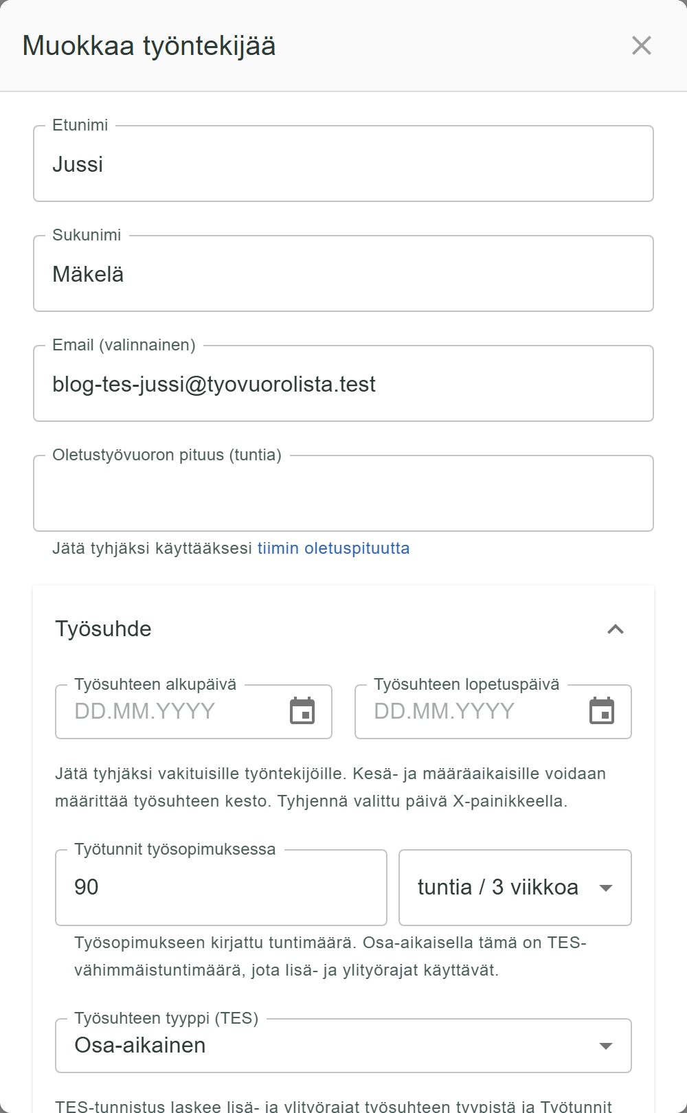 Työntekijän muokkausnäkymä: Työsuhde-osio, jossa Työtunnit työsopimuksessa -kenttä ja yksikkövalinta tuntia / 3 viikkoa