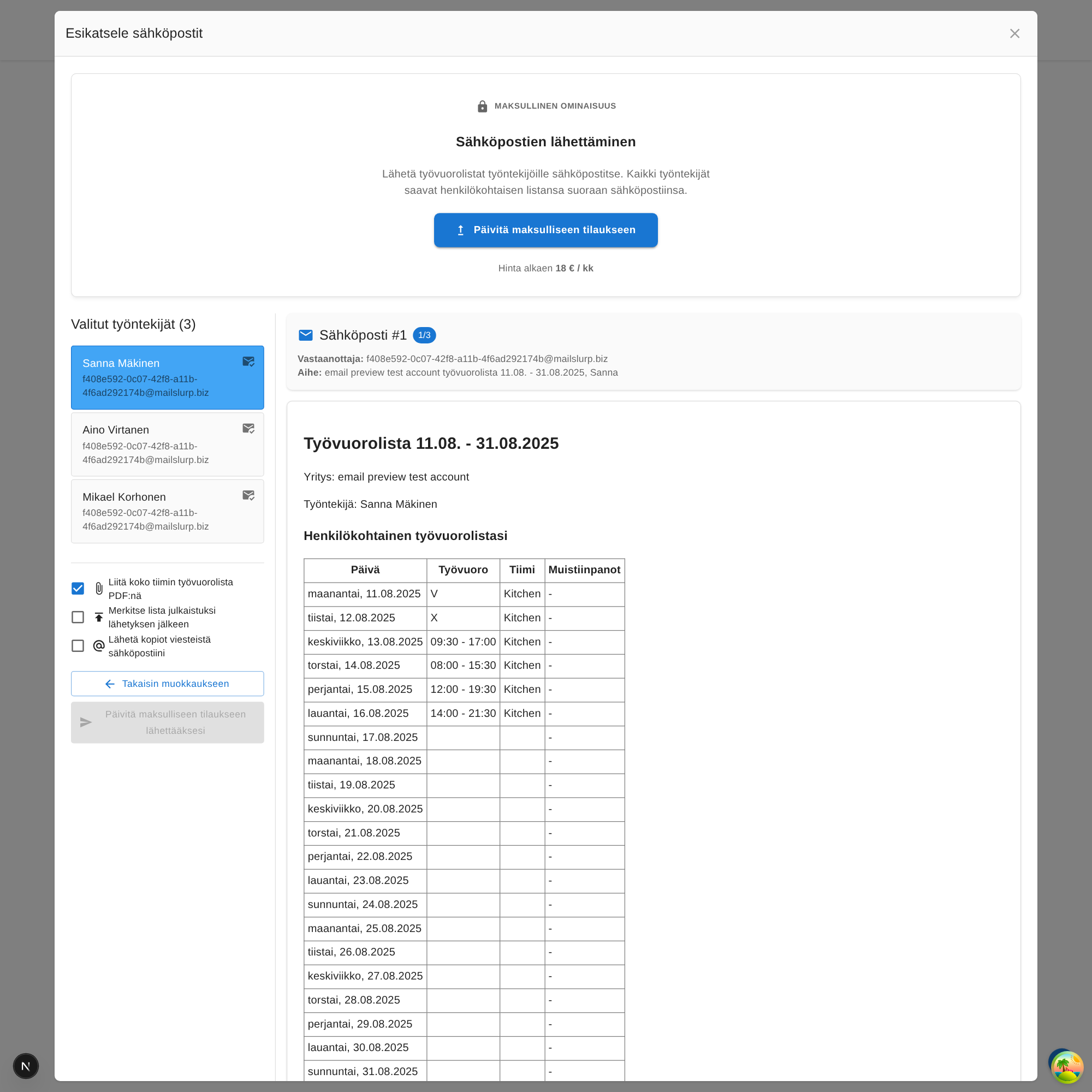 Työvuorolistan sähköpostin esikatselu ja PDF-liitevalinta