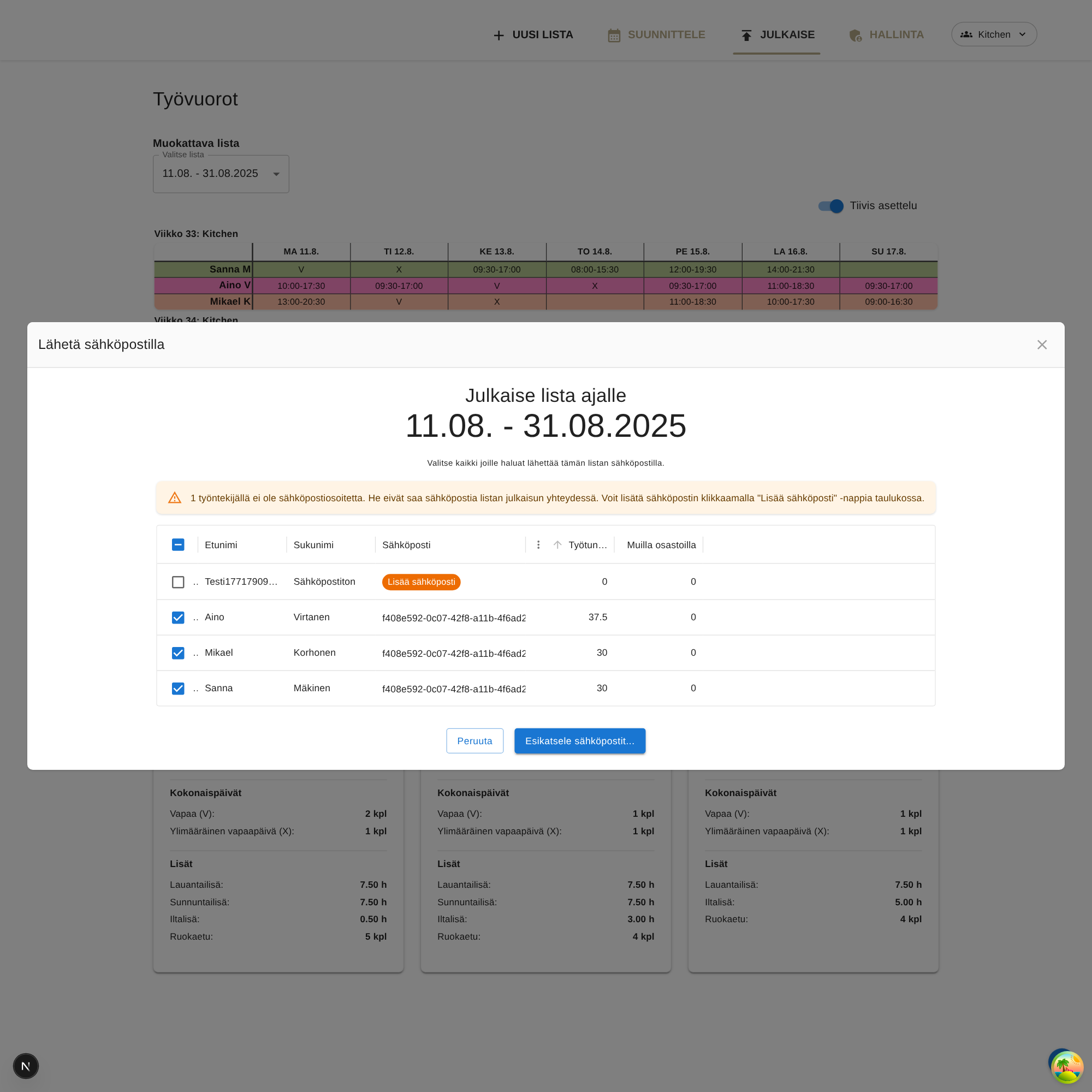 Työntekijöiden valinta työvuorolistan sähköpostilähetykseen