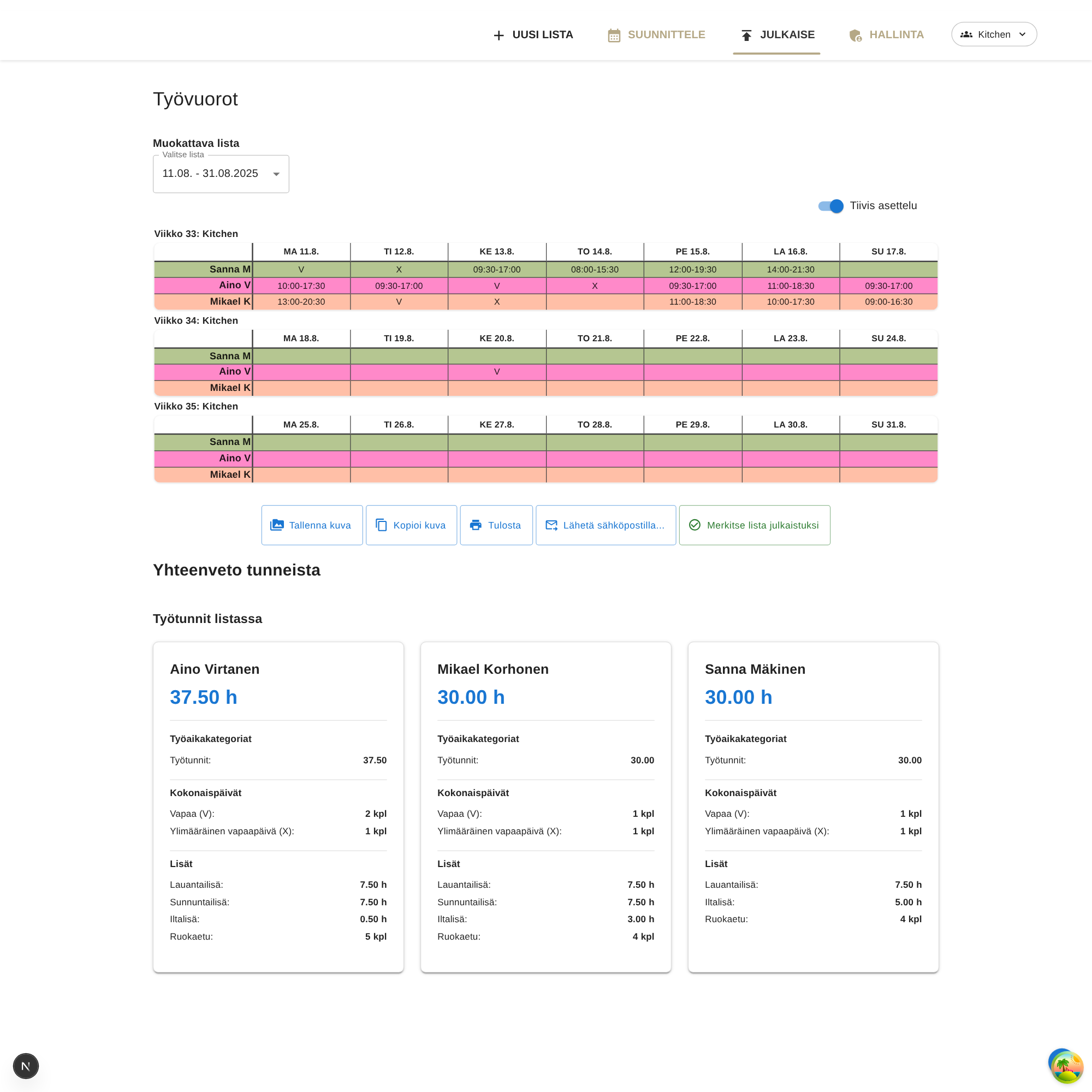 Työvuorolistan julkaisu- ja PDF-näkymä Työvuorolistassa.