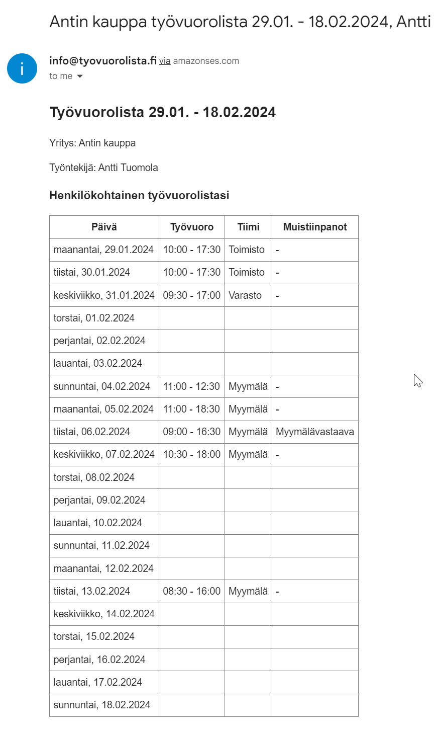 Kuva henkilökohtaisesta työvuorolistasta sähköpostissa