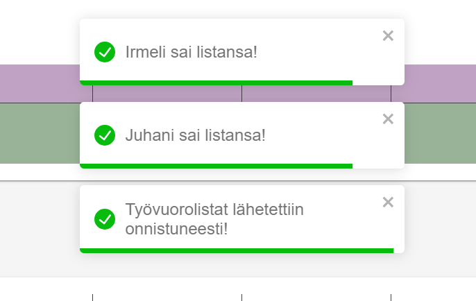 Työvuorolistan lähetysnotifikaatiot