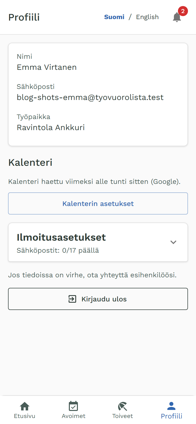 Profiili-sivun Kalenteri-kohta: kalenteri haettu viimeksi alle tunti sitten, Google